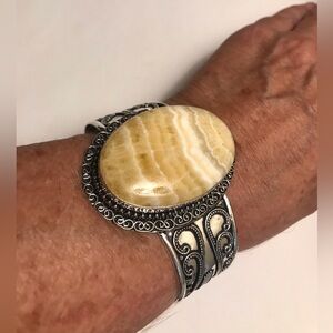 Yellow Lace Agate Stamped 925 Sterling Silver Cuff Bracelet